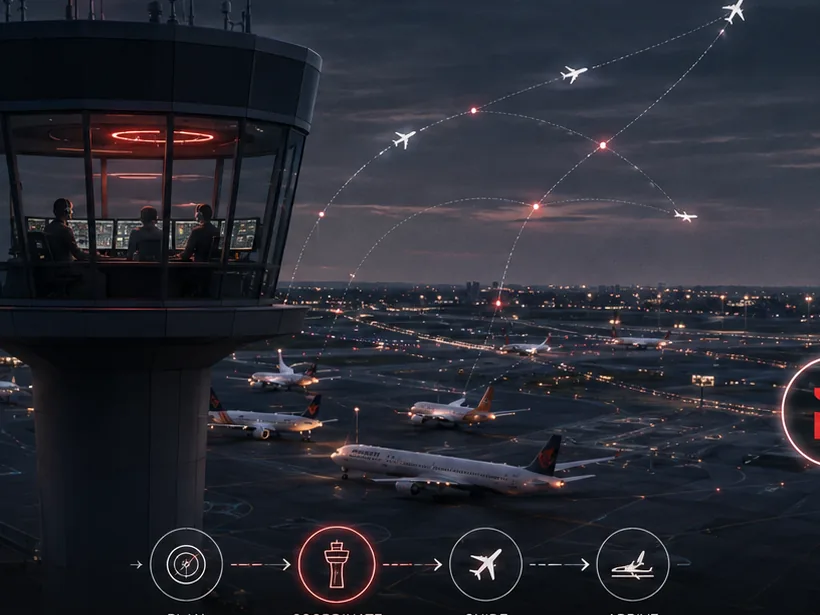 An air traffic control tower coordinating several aircraft