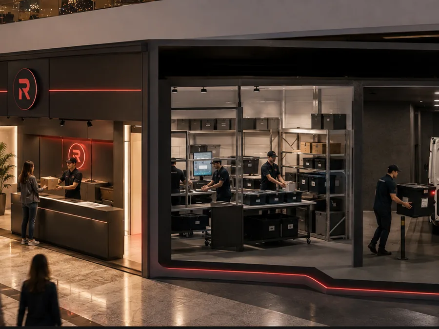 A discreet red.d centre interface connected to a sorting area and an ordinary delivery van