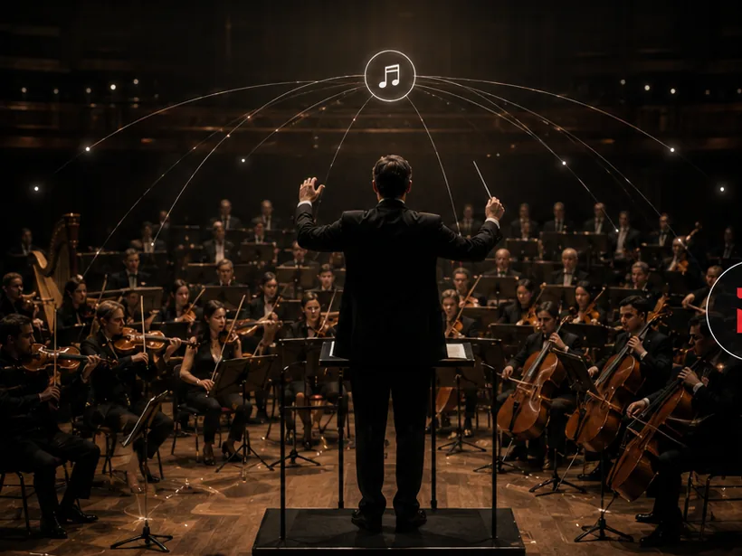 An orchestra conductor coordinating independent musicians