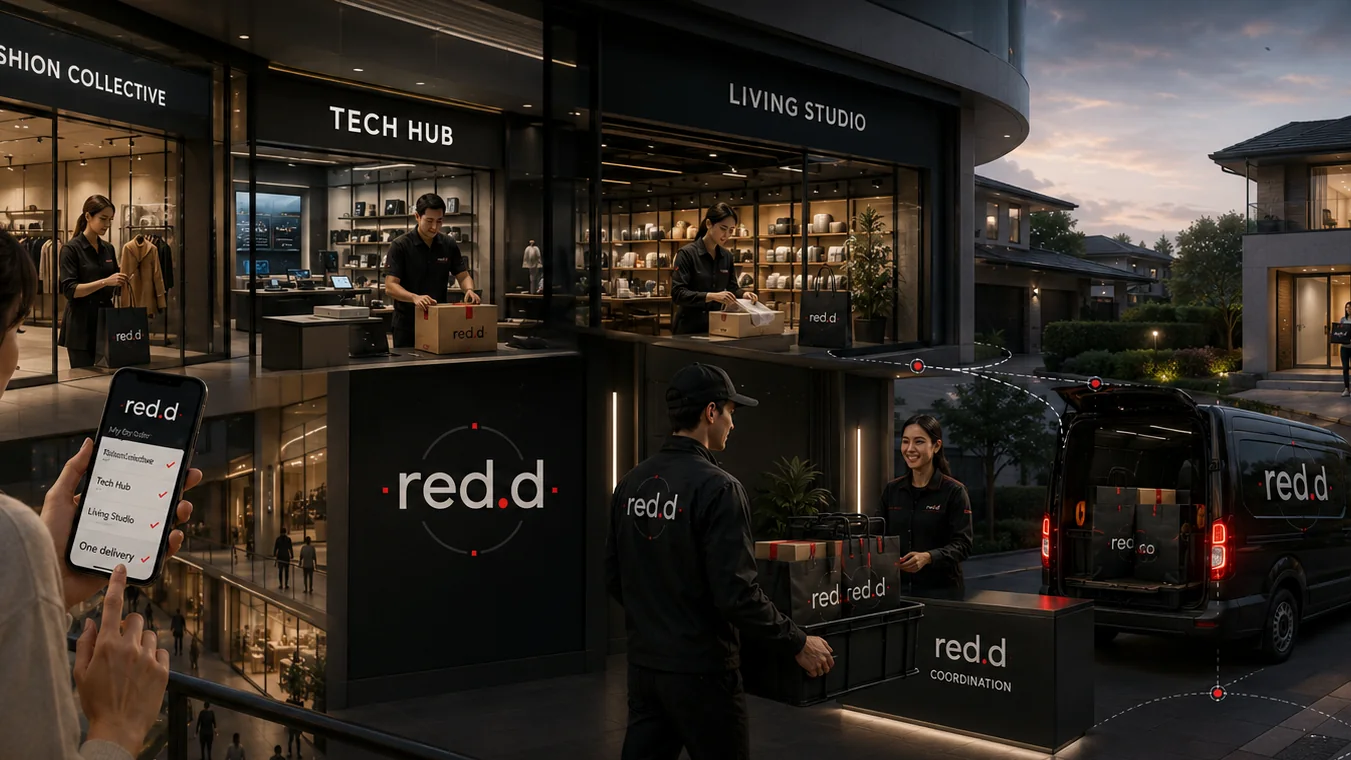 A shopper buys across several stores while red.d staff coordinate collection and delivery to a home