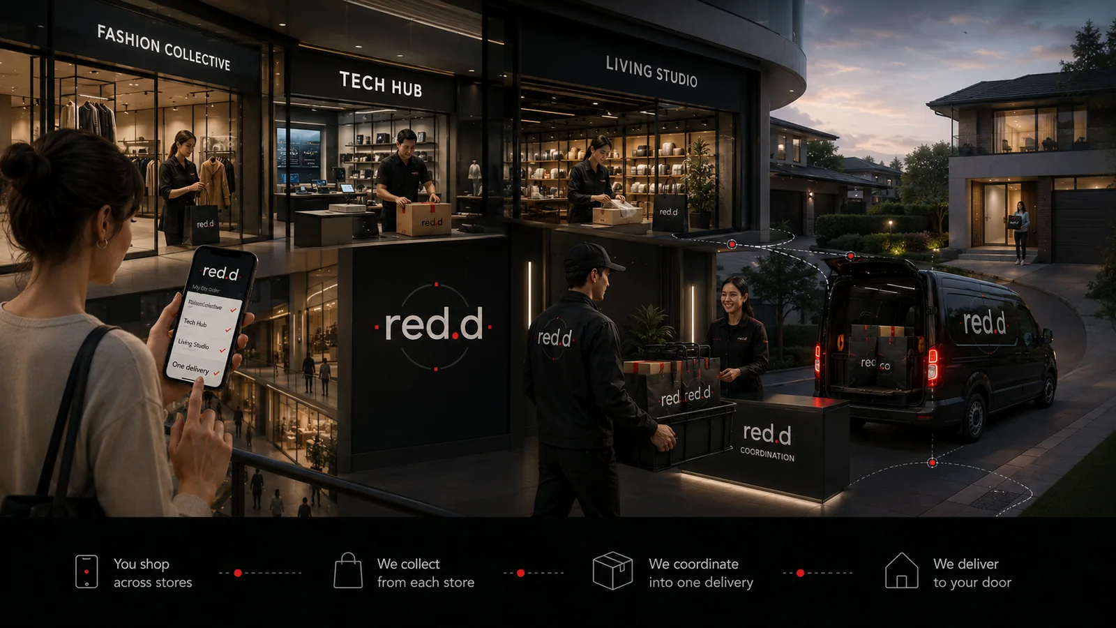 A visual journey from shopping across several stores to coordinated collection and delivery at a home