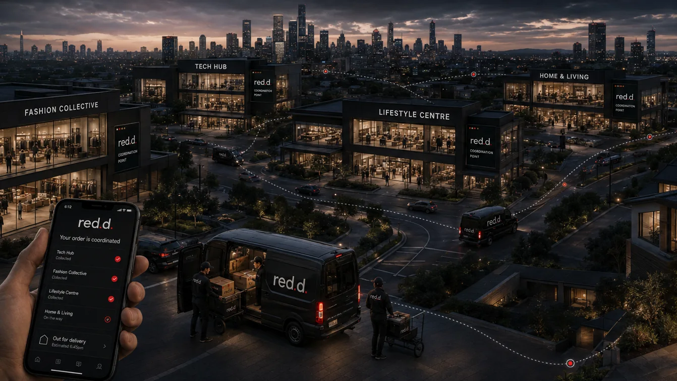 An illustrative mature red.d network connecting several shopping-centre cells to homes using normal cars and small vans